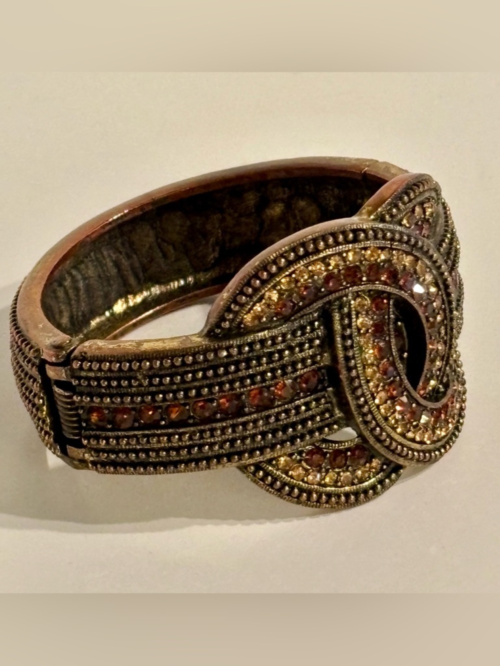 Rhinestone Statement Cuff Bracelet Bronze Amber  Crystal Wide